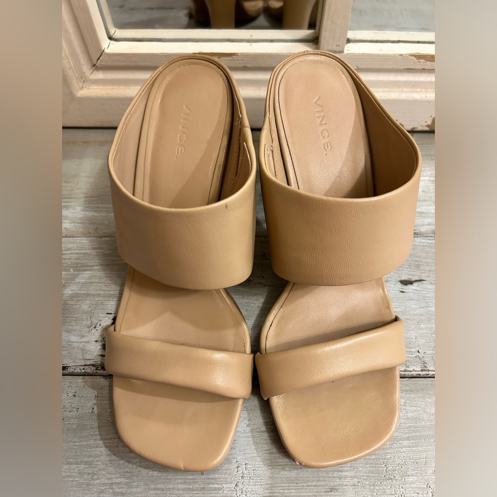 Vince Quinn Double Strap Beige Cream Leather 4” Heeled Sandal Casual Beach - Picture 2 of 8